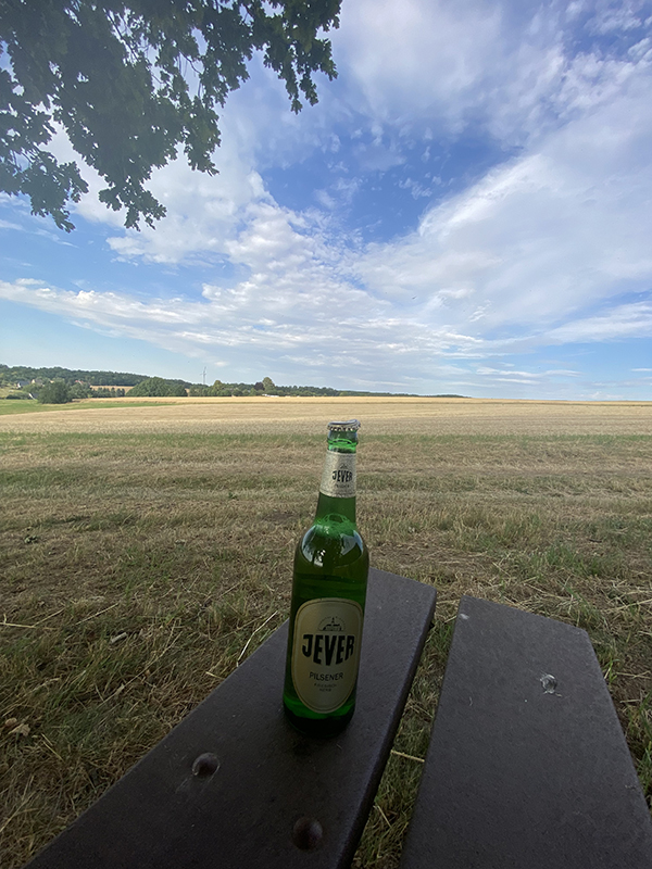 Eine einzelne Flasche Jever Pilsener auf einer Bank vor einem großen, offenen Feld.