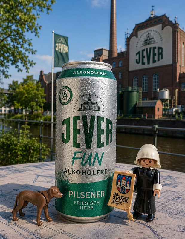 Eine Dose Jever Fun steht auf einem Tisch. Daneben sind Spielfiguren und im Hintergrund sieht man die Jever-Brauerei.
