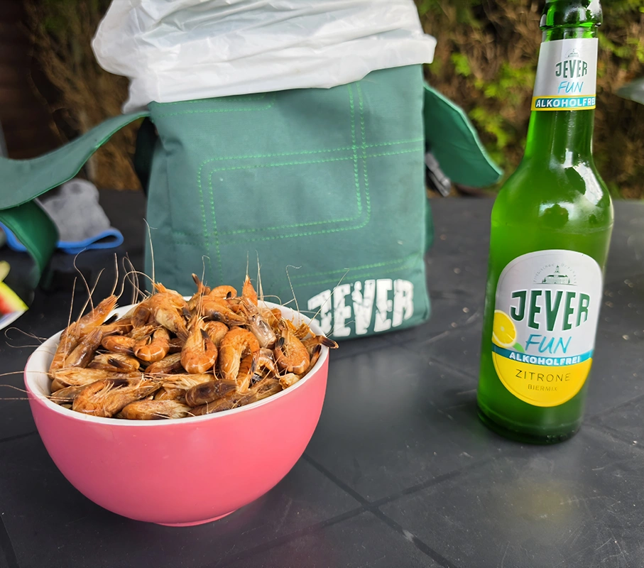 Grüne Kühltasche mit weißem Logo im Hintergrund, daneben eine Flasche alkoholfreies Bier und eine Schüssel Garnelen.