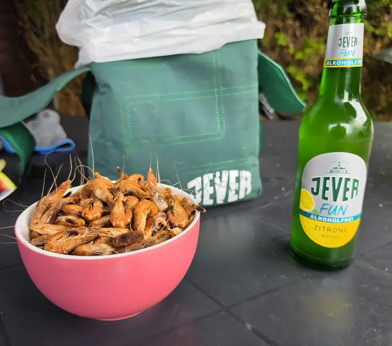 Grüne Kühltasche mit weißem Logo im Hintergrund, daneben eine Flasche alkoholfreies Bier und eine Schüssel Garnelen.