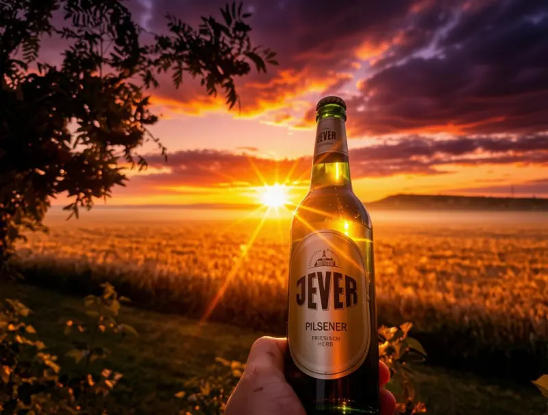 Eine Hand hält eine Jever-Pilsener-Flasche vor einem goldenen Sonnenuntergang über einem weiten Feld.