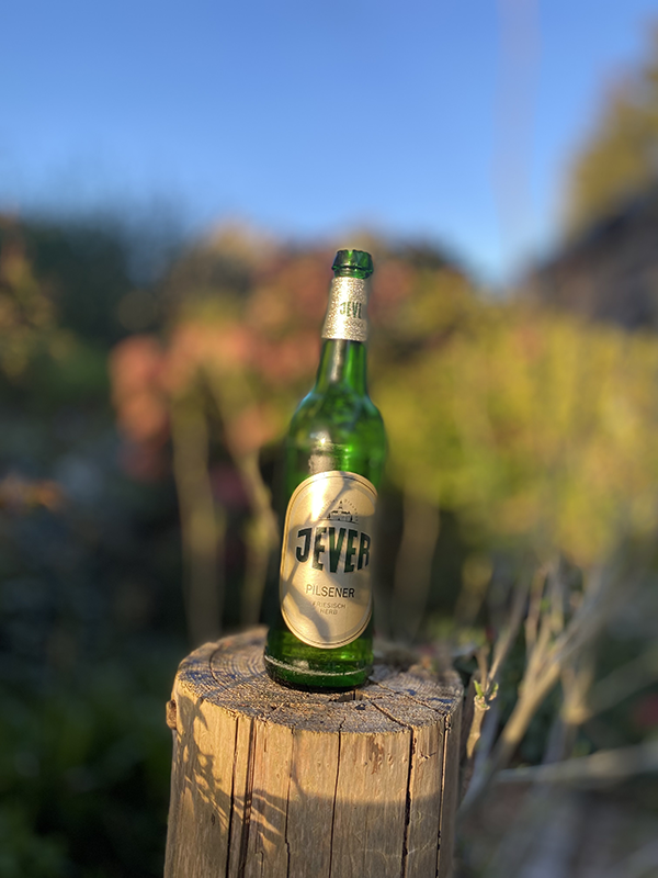Eine grüne Bierflasche steht auf einem Holzstumpf im Freien. Der Hintergrund ist unscharf mit Pflanzen und blauem Himmel. 