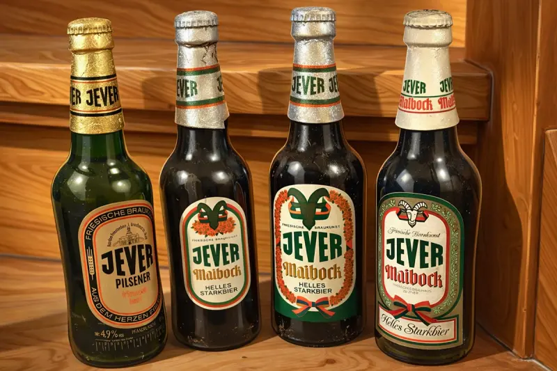 Vier Jever-Bierflaschen stehen nebeneinander auf einem Holzregal. Drei sind Maibock, eine ist Pilsener. Verschiedene Etiketten.
