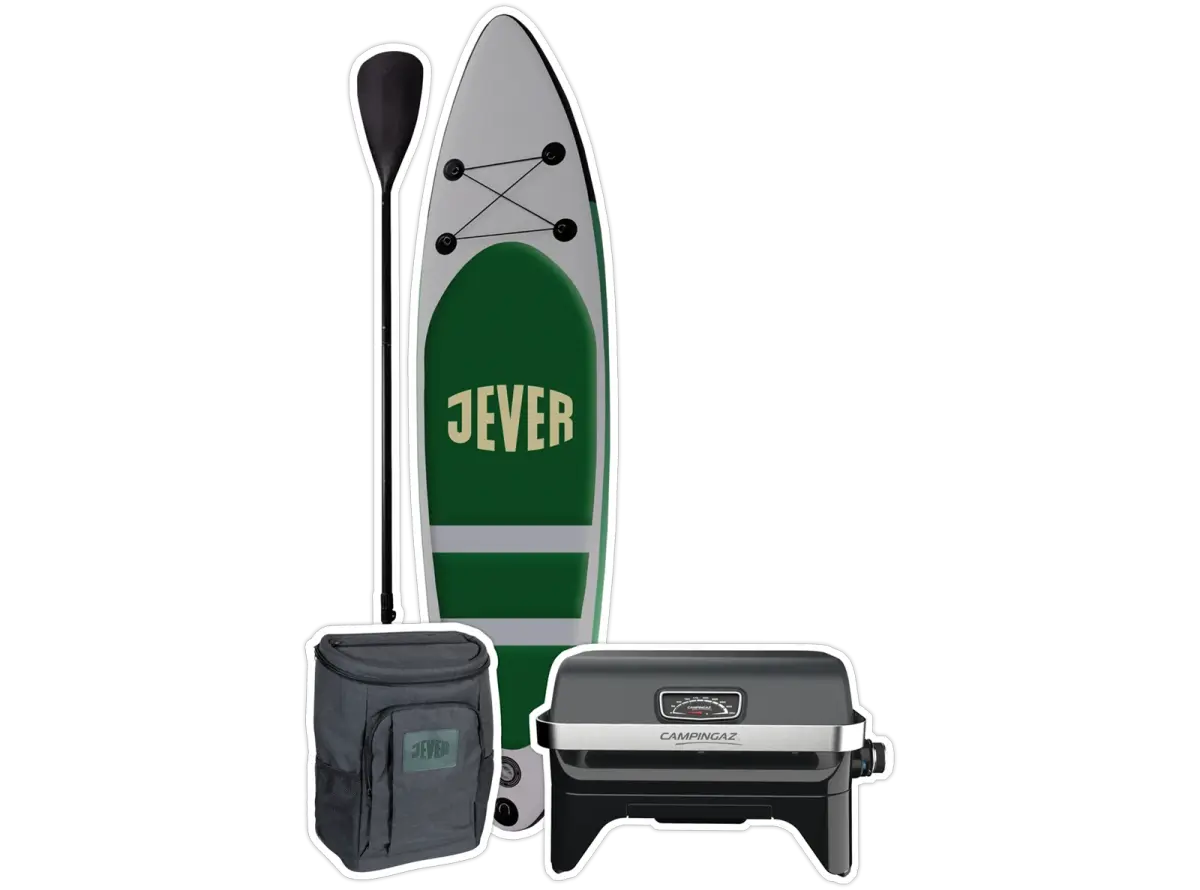 Abbildungen eines Campinggrills, einem Jever Rucksack & SUP-Board im Jever-Design.