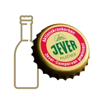 Stilisiertes Flasche mit goldenen Konturen, darüber Kronkorken mit Jever Pilsener Logo und Werbetext zur Campervan-Verlosung.