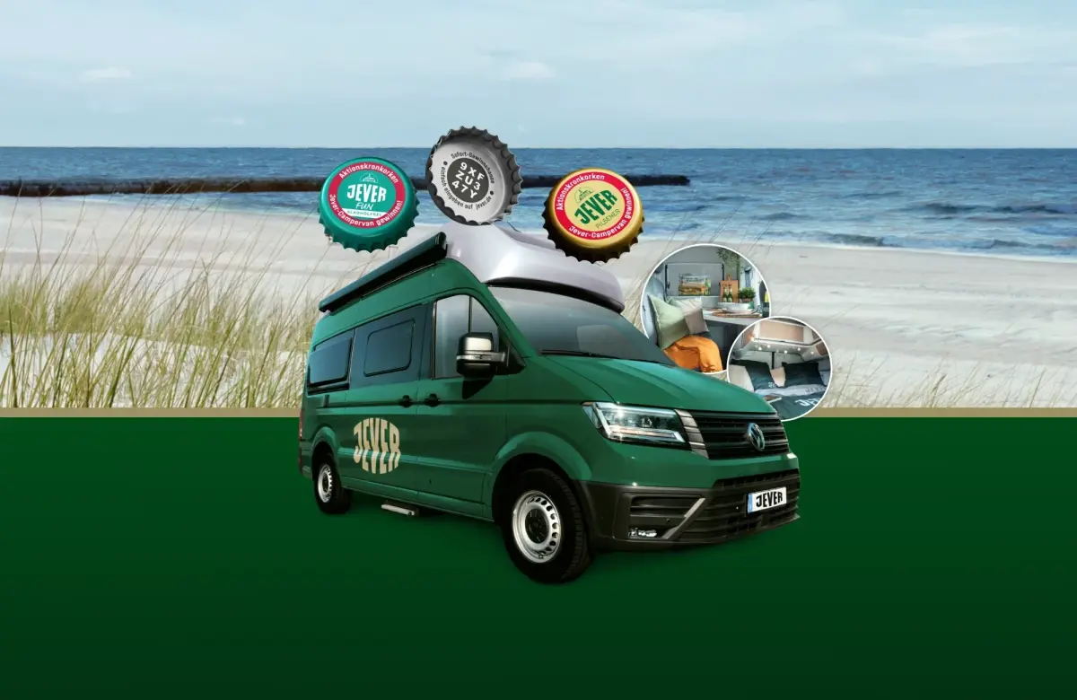 Grüner Camper mit Jever-Logo steht auf grünem Boden vor Dünen und Meer. Drei Kronkorken und zwei runde Innenansichten darüber.