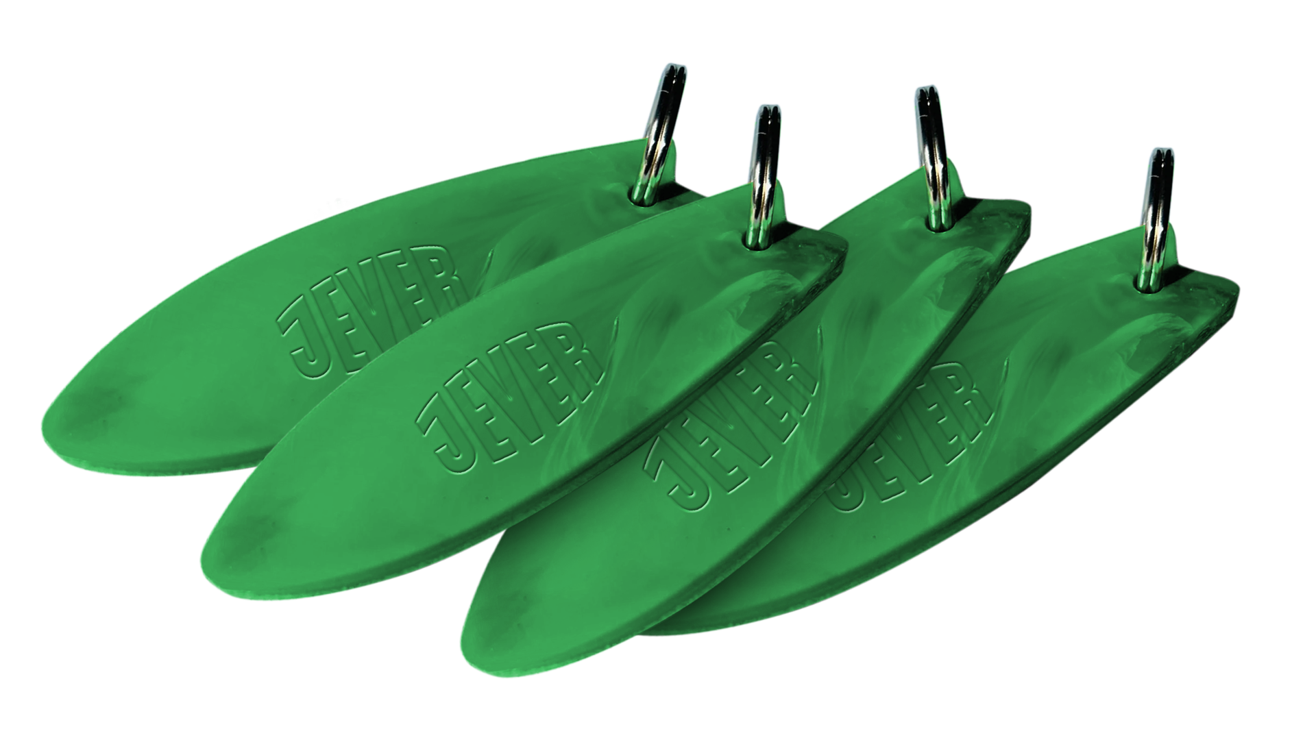 Vier grüne Jever Schlüsselanhänger in Form eines Surfboards sind nebeneinander angeordnet.