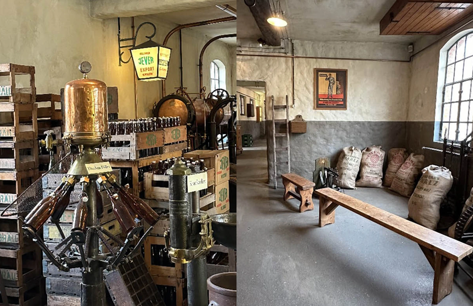 Innenansichten einer historischen Brauerei mit Kupferkessel und Holzfässern. Rechts eine Halle mit Säcken und Holzbank.