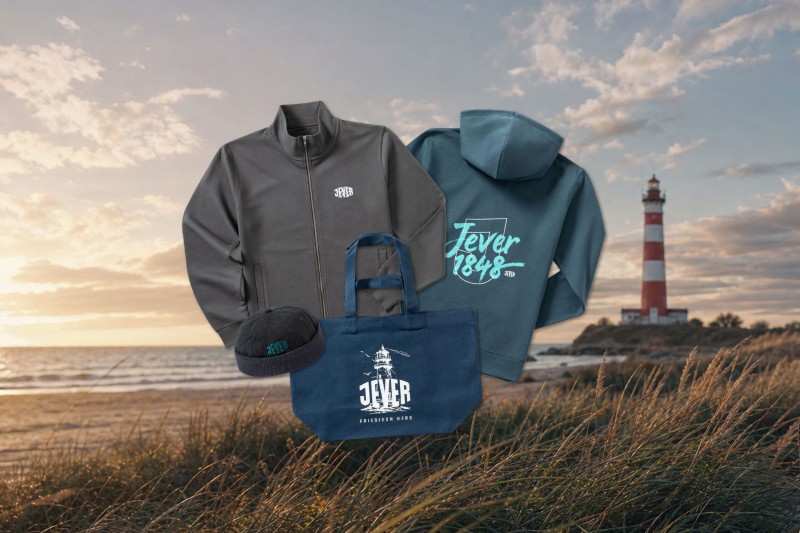 Verschiedene Jever Werbemittel liegen auf einem Strandgras bedeckten Sanddüne, dahinter das Meer.
